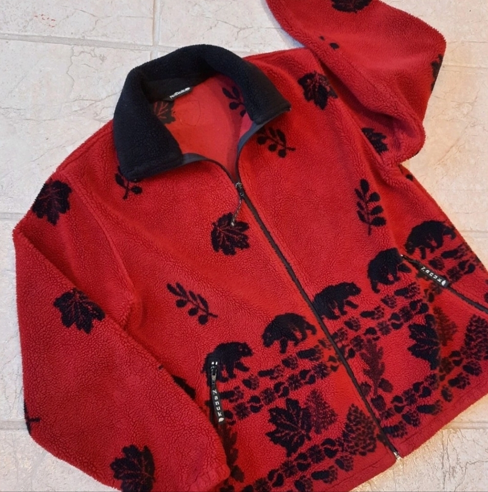Nanuk Red Plush Fleece Jacket Ladies L Bears & Leaves Northwoods